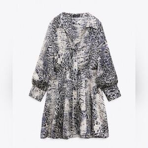ZARA ECRU BLUE SILKY ANIMAL PRINT JOHNNY COLLAR MINI Dress